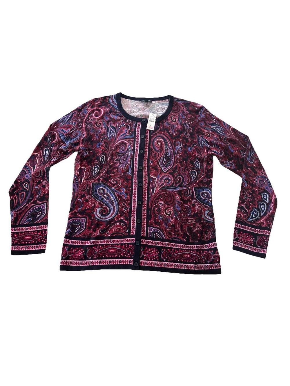 Talbots Women Petite M Long Sleeve CARDIGAN Sweater Paisley Burgundy  Pink Blue